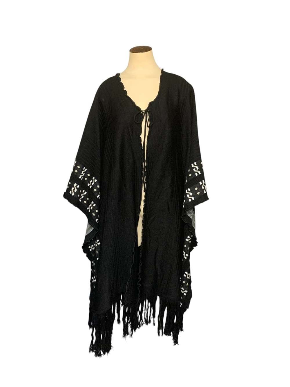 Large Black Knit Poncho Fringe Open-Front Tie Neck One Size Minimalist Shrug